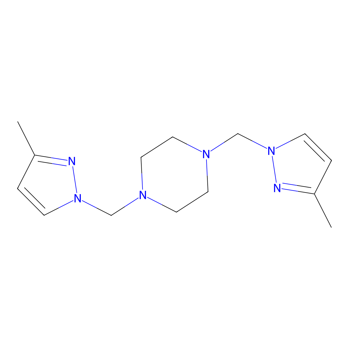 Piperazine, 1,4-bis[(3-methyl-1H-pyrazol-1-yl)methyl]- molecular structure, CAS 67685-12-5