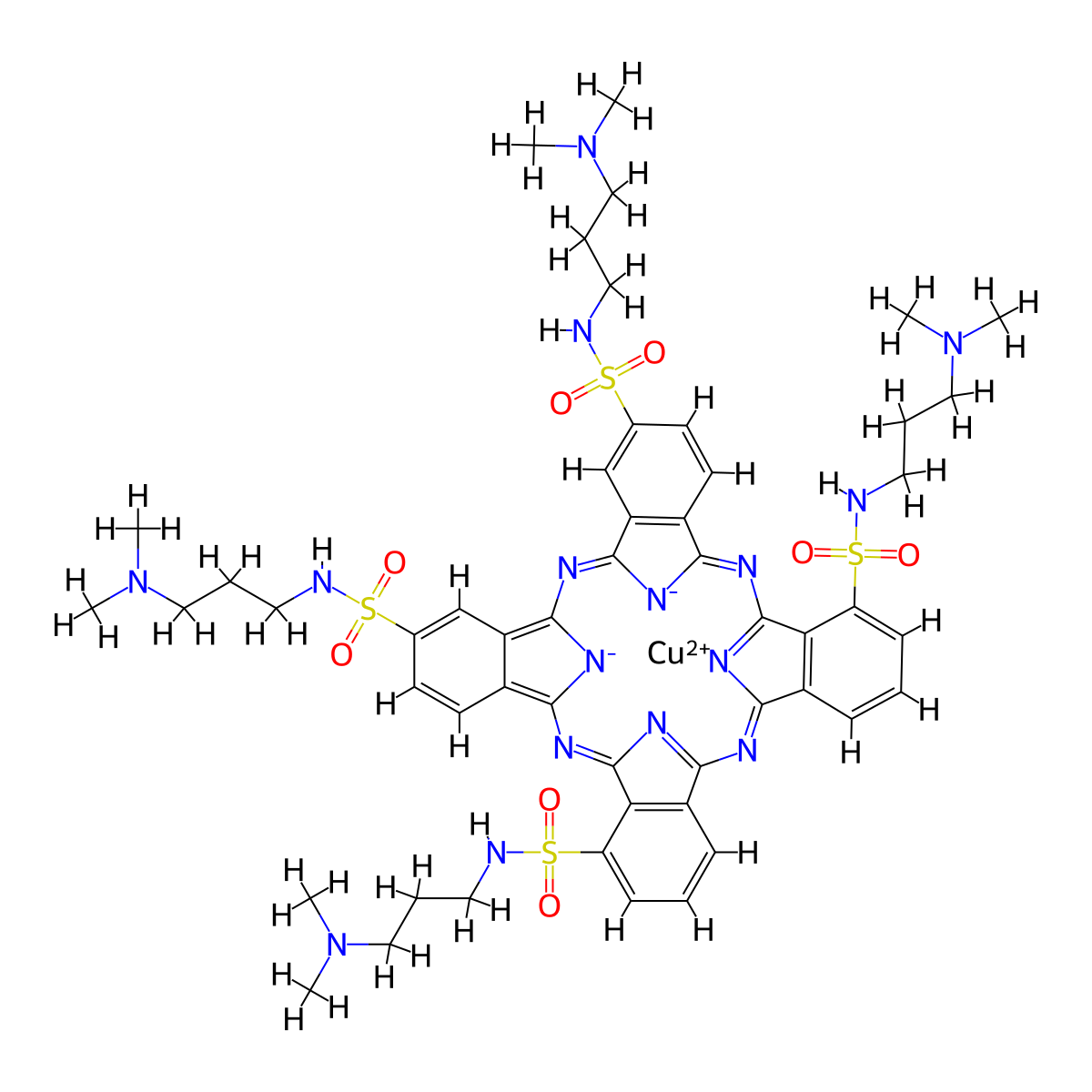 Copper, (N,N',N'',N'''-tetrakis(3-(dimethylamino)propyl)-29H,31H-phthalocyanine-C,C,C,C-tetrasulfonamidato(2-)-kappaN29,kappaN30,kappaN31,kappaN32)- molecular structure, CAS 67689-49-0