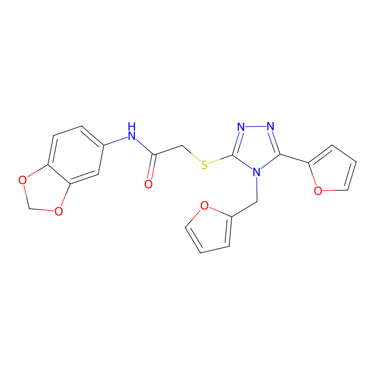 N-(1,3-benzodioxol-5-yl)-2-{[5-(furan-2-yl)-4-(furan-2-ylmethyl)-4H-1,2,4-triazol-3-yl]sulfanyl}acetamide molecular structure, CAS 677011-74-4