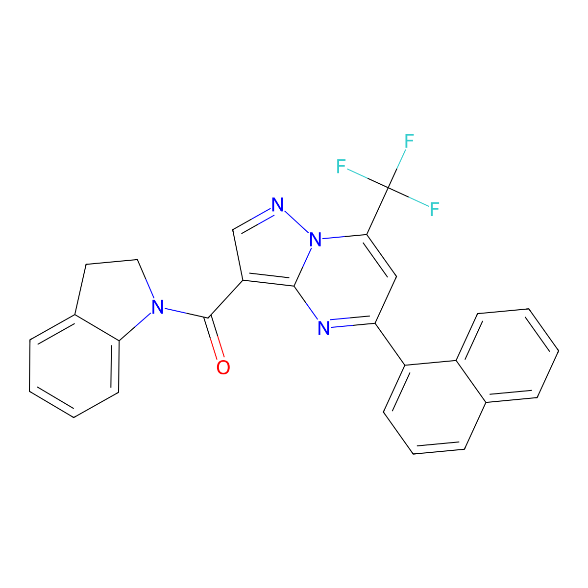2,3-Dihydroindol-1-yl-[5-naphthalen-1-yl-7-(trifluoromethyl)pyrazolo[1,5-a]pyrimidin-3-yl]methanone molecular structure, CAS 677012-66-7