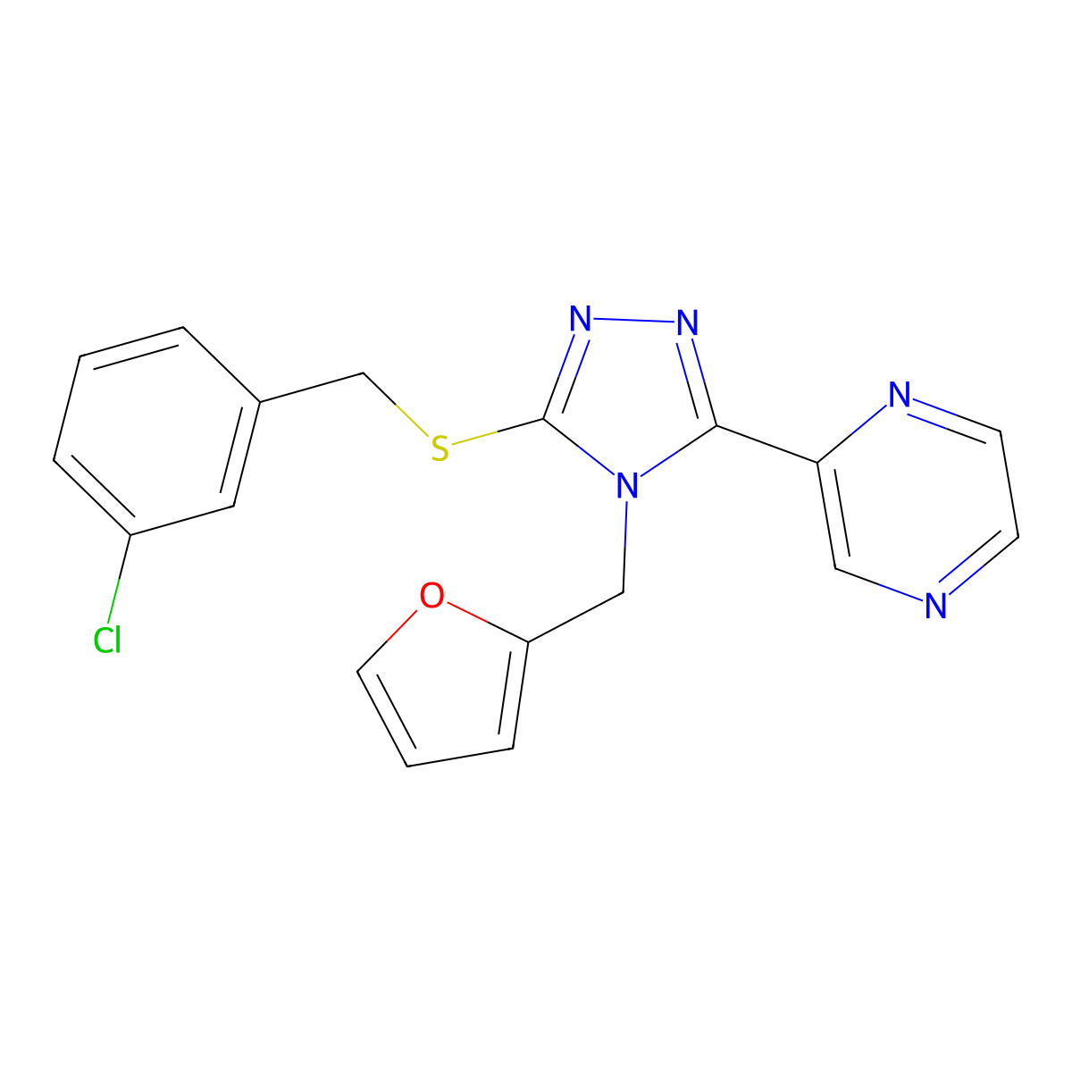 2-{5-[(3-chlorobenzyl)sulfanyl]-4-(furan-2-ylmethyl)-4H-1,2,4-triazol-3-yl}pyrazine molecular structure, CAS 677013-23-9