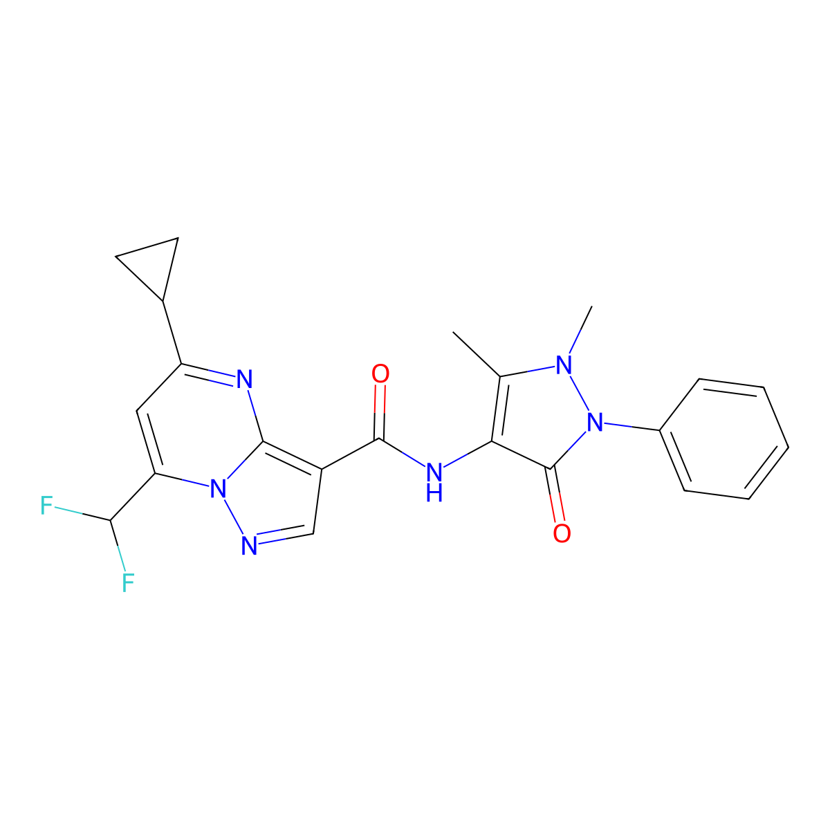5-cyclopropyl-7-(difluoromethyl)-N-(1,5-dimethyl-3-oxo-2-phenylpyrazol-4-yl)pyrazolo[1,5-a]pyrimidine-3-carboxamide molecular structure, CAS 677013-32-0