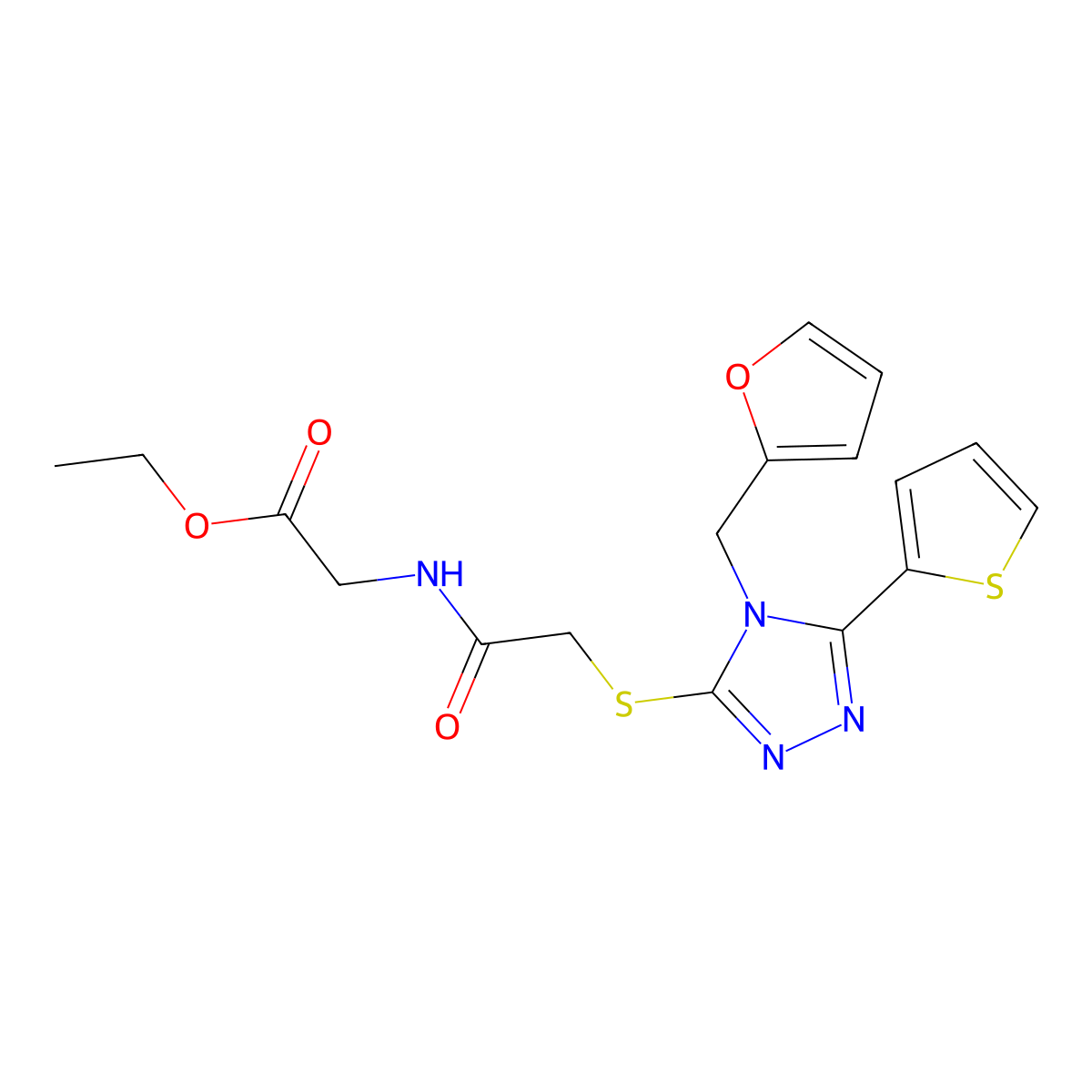 Ethyl 2-{2-[4-(2-furylmethyl)-5-(2-thienyl)-1,2,4-triazol-3-ylthio]acetylamino}acetate molecular structure, CAS 677013-78-4