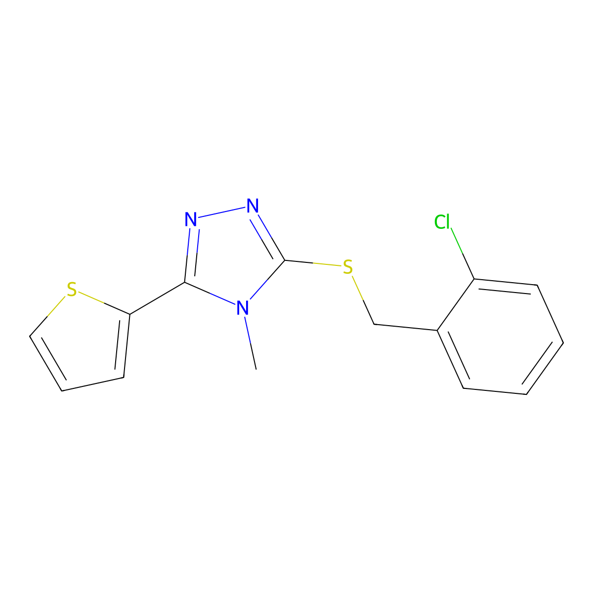 3-[(2-Chlorophenyl)methylsulfanyl]-4-methyl-5-thiophen-2-yl-1,2,4-triazole molecular structure, CAS 677015-98-4