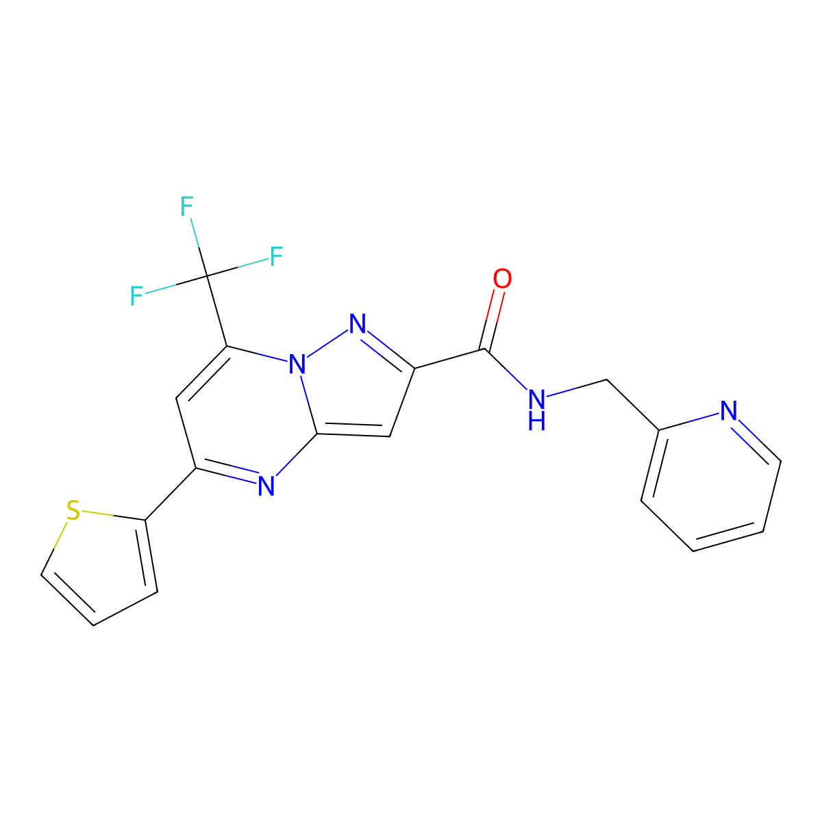 N-(pyridin-2-ylmethyl)-5-(thiophen-2-yl)-7-(trifluoromethyl)pyrazolo[1,5-a]pyrimidine-2-carboxamide molecular structure, CAS 677018-89-2