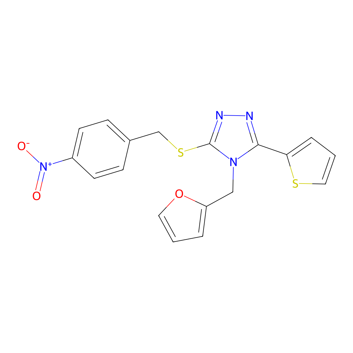 4-(Furan-2-ylmethyl)-3-[(4-nitrophenyl)methylsulfanyl]-5-thiophen-2-yl-1,2,4-triazole molecular structure, CAS 677024-00-9