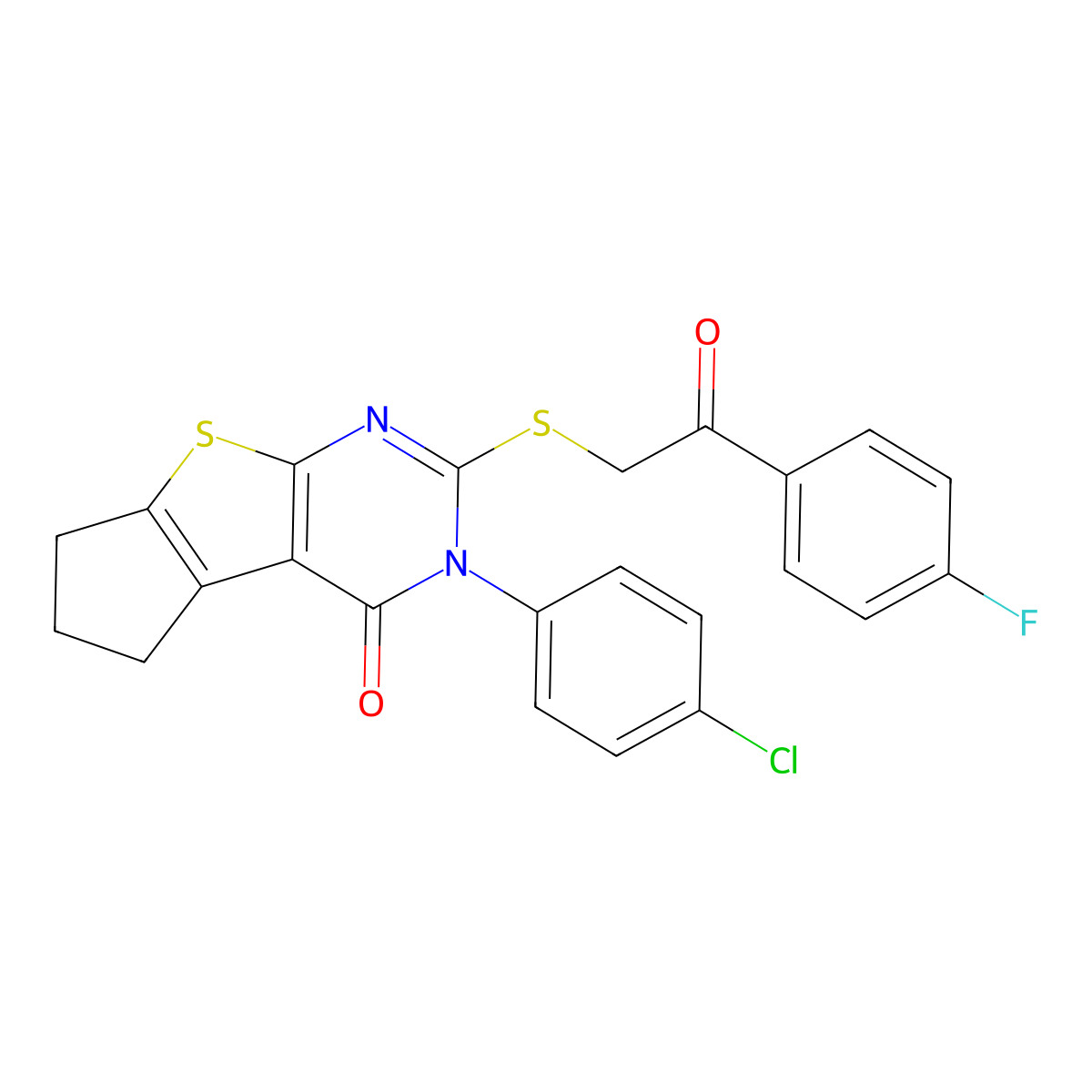 3-(4-chlorophenyl)-2-{[2-(4-fluorophenyl)-2-oxoethyl]sulfanyl}-3,5,6,7-tetrahydro-4H-cyclopenta[4,5]thieno[2,3-d]pyrimidin-4-one molecular structure, CAS 677024-19-0