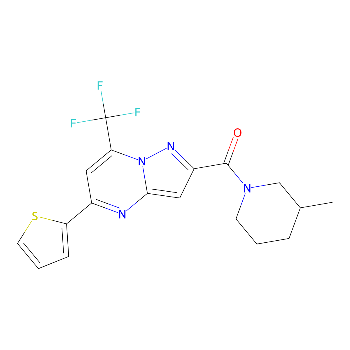 (3-Methylpiperidin-1-yl)[5-(thiophen-2-yl)-7-(trifluoromethyl)pyrazolo[1,5-a]pyrimidin-2-yl]methanone molecular structure, CAS 677024-93-0
