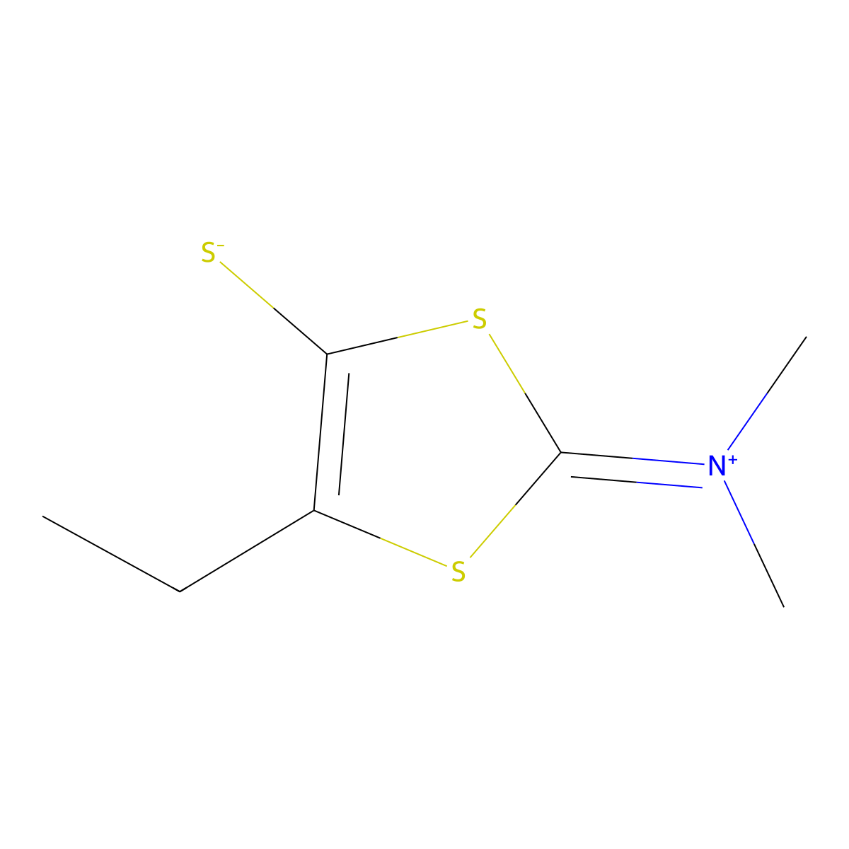 2-(N,N-Dimethyliminium)-4-ethyl-5-mercapto-1,3-dithiol, inner salt molecular structure, CAS 677031-20-8