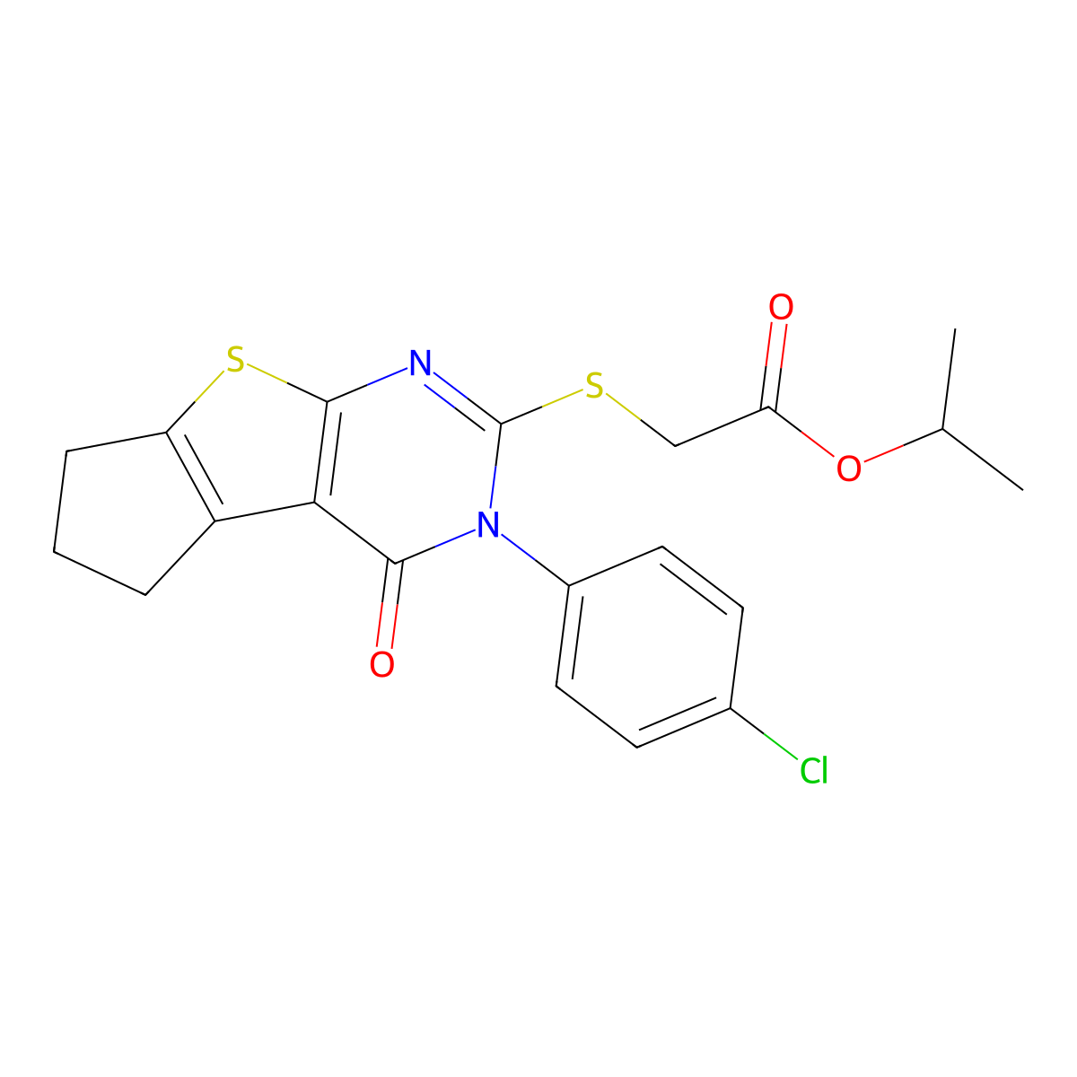 Isopropyl {[3-(4-chlorophenyl)-4-oxo-3,5,6,7-tetrahydro-4H-cyclopenta[4,5]thieno[2,3-D]pyrimidin-2-YL]sulfanyl}acetate molecular structure, CAS 677293-97-9