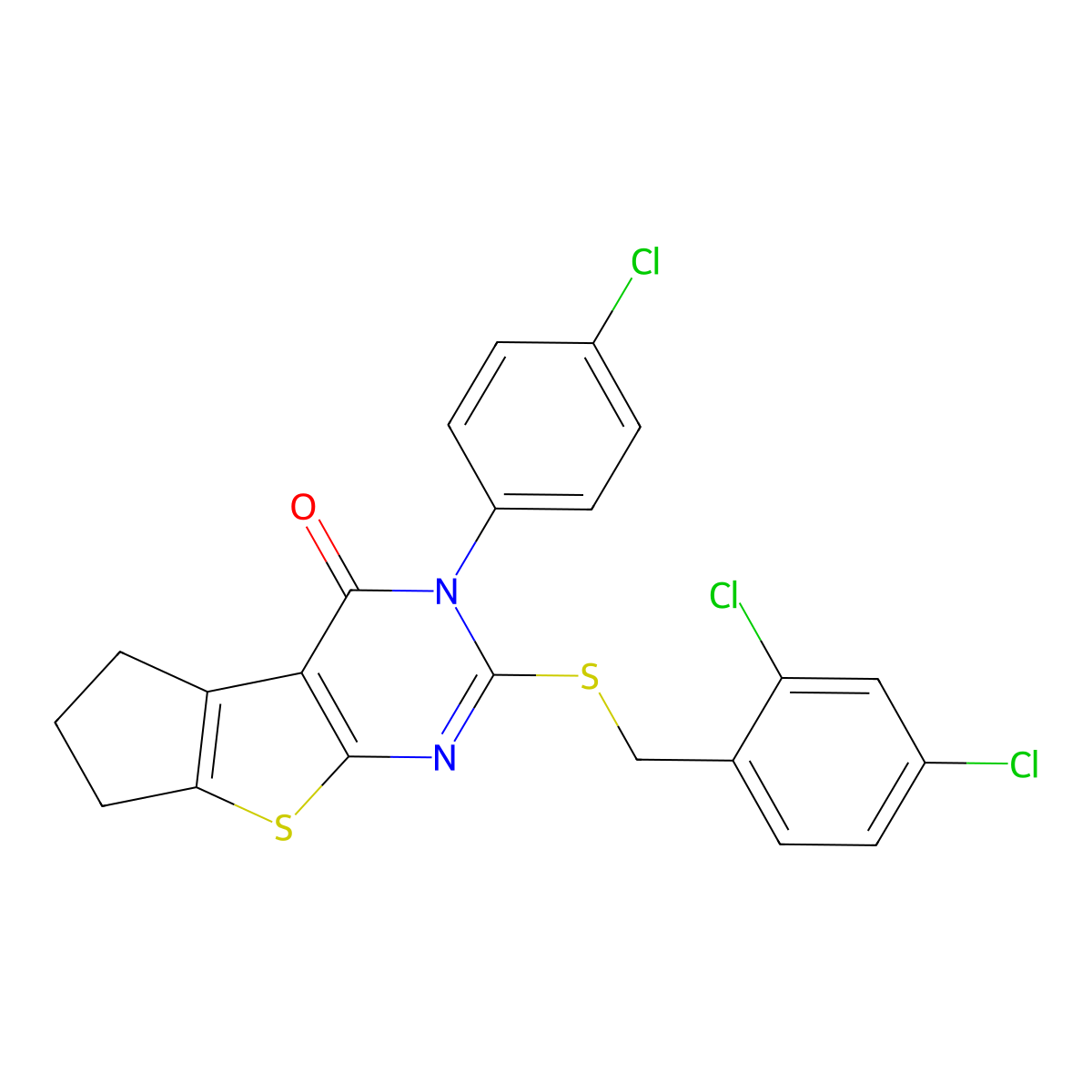 3-(4-chlorophenyl)-2-[(2,4-dichlorobenzyl)sulfanyl]-3,5,6,7-tetrahydro-4H-cyclopenta[4,5]thieno[2,3-d]pyrimidin-4-one molecular structure, CAS 677294-23-4