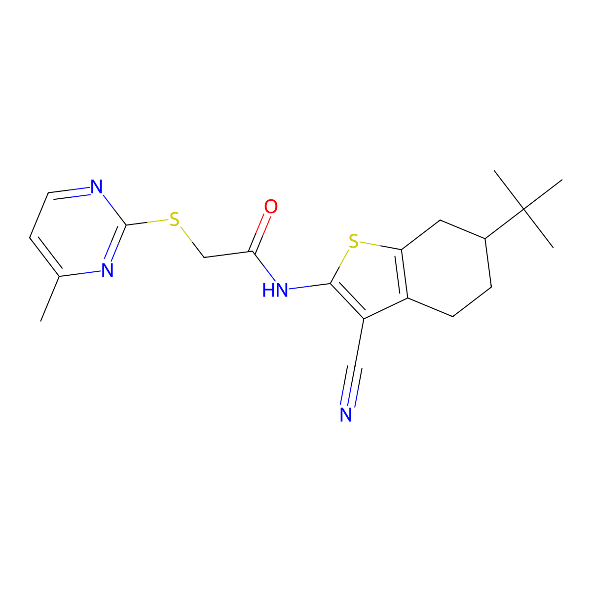 N-(6-tert-butyl-3-cyano-4,5,6,7-tetrahydro-1-benzothiophen-2-yl)-2-(4-methylpyrimidin-2-yl)sulfanylacetamide molecular structure, CAS 677294-28-9
