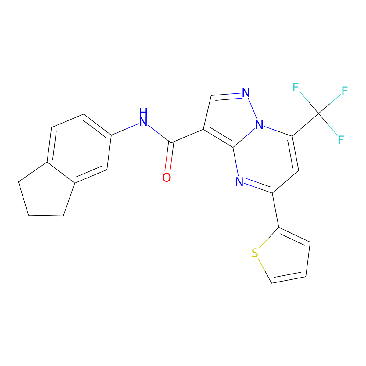 N-(2,3-dihydro-1H-inden-5-yl)-5-(thiophen-2-yl)-7-(trifluoromethyl)pyrazolo[1,5-a]pyrimidine-3-carboxamide molecular structure, CAS 677294-46-1