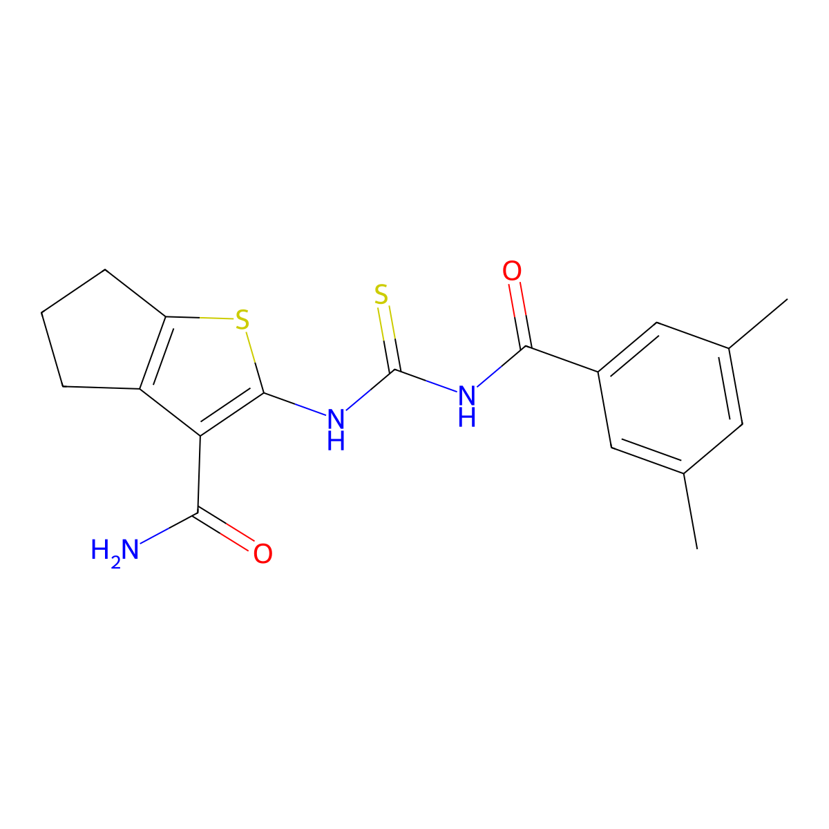 2-[(3,5-dimethylbenzoyl)carbamothioylamino]-5,6-dihydro-4H-cyclopenta[b]thiophene-3-carboxamide molecular structure, CAS 677295-09-9