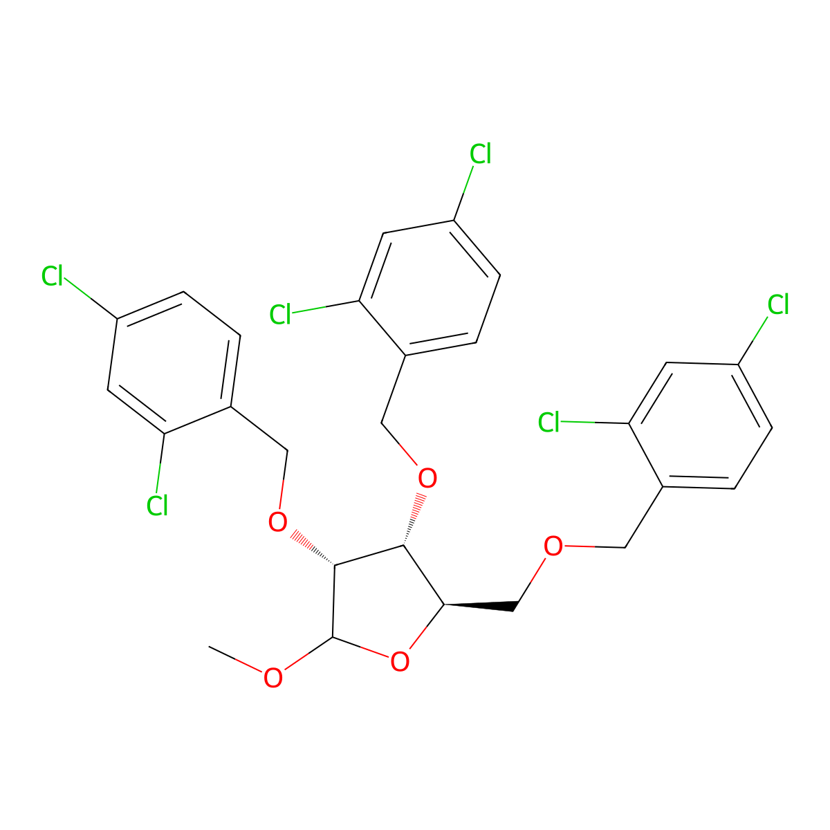 D-Ribofuranoside, methyl 2,3,5-tris-O-[(2,4-dichlorophenyl)methyl]- molecular structure, CAS 677299-16-0