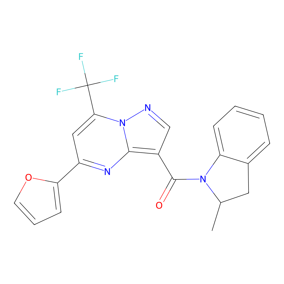 [5-(furan-2-yl)-7-(trifluoromethyl)pyrazolo[1,5-a]pyrimidin-3-yl](2-methyl-2,3-dihydro-1H-indol-1-yl)methanone molecular structure, CAS 677302-02-2