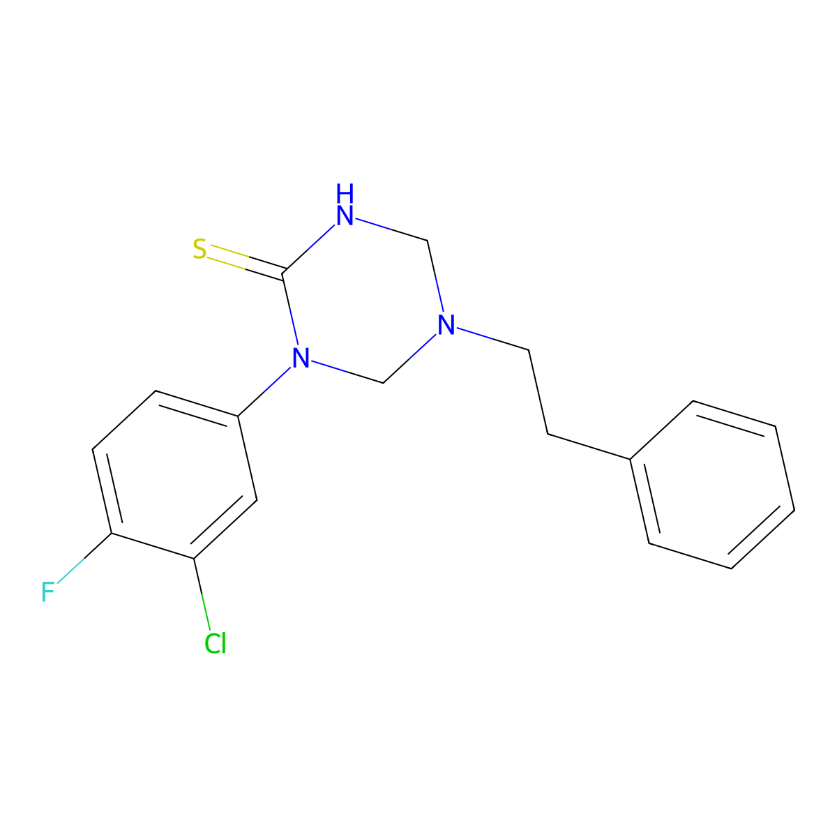 1-(3-Chloro-4-fluorophenyl)-5-(2-phenylethyl)-1,3,5-triazinane-2-thione molecular structure, CAS 677302-98-6