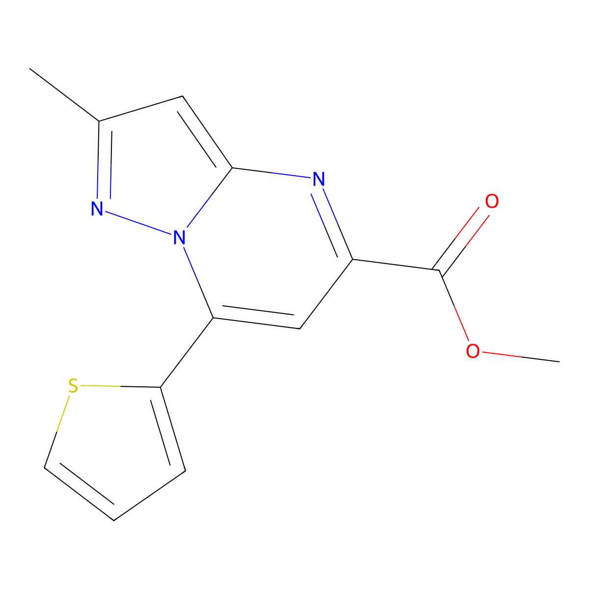 Methyl 2-methyl-7-(thiophen-2-yl)pyrazolo[1,5-a]pyrimidine-5-carboxylate molecular structure, CAS 677303-29-6