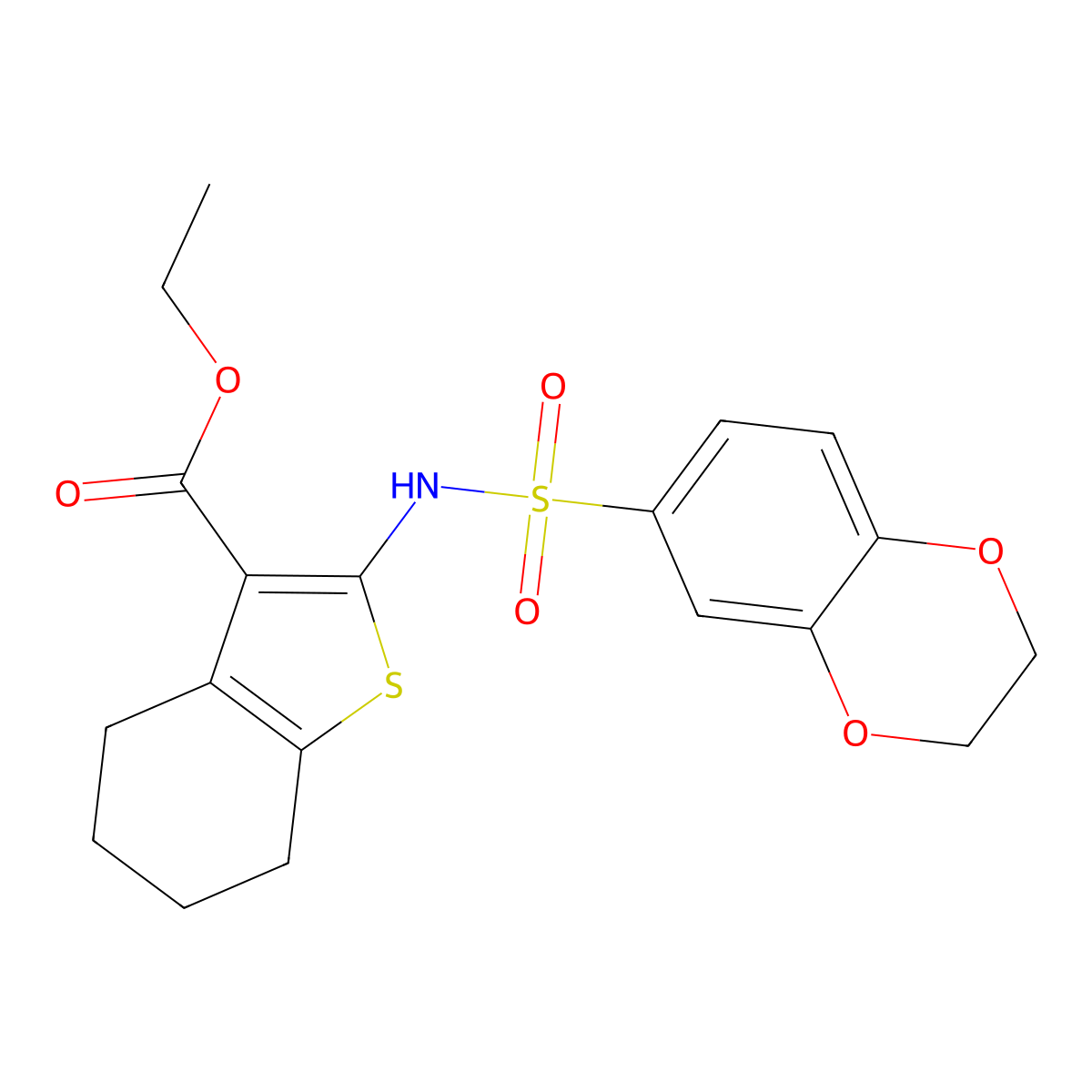 Ethyl 2-[(2,3-dihydro-1,4-benzodioxin-6-ylsulfonyl)amino]-4,5,6,7-tetrahydro-1-benzothiophene-3-carboxylate molecular structure, CAS 677304-79-9