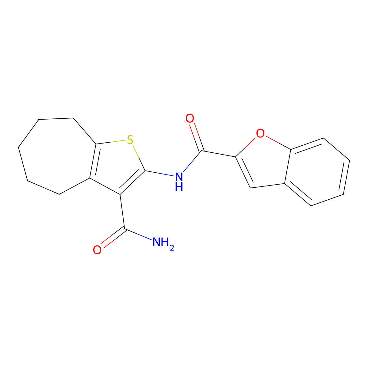 N-(3-carbamoyl-5,6,7,8-tetrahydro-4H-cyclohepta[b]thiophen-2-yl)-1-benzofuran-2-carboxamide molecular structure, CAS 677311-07-8