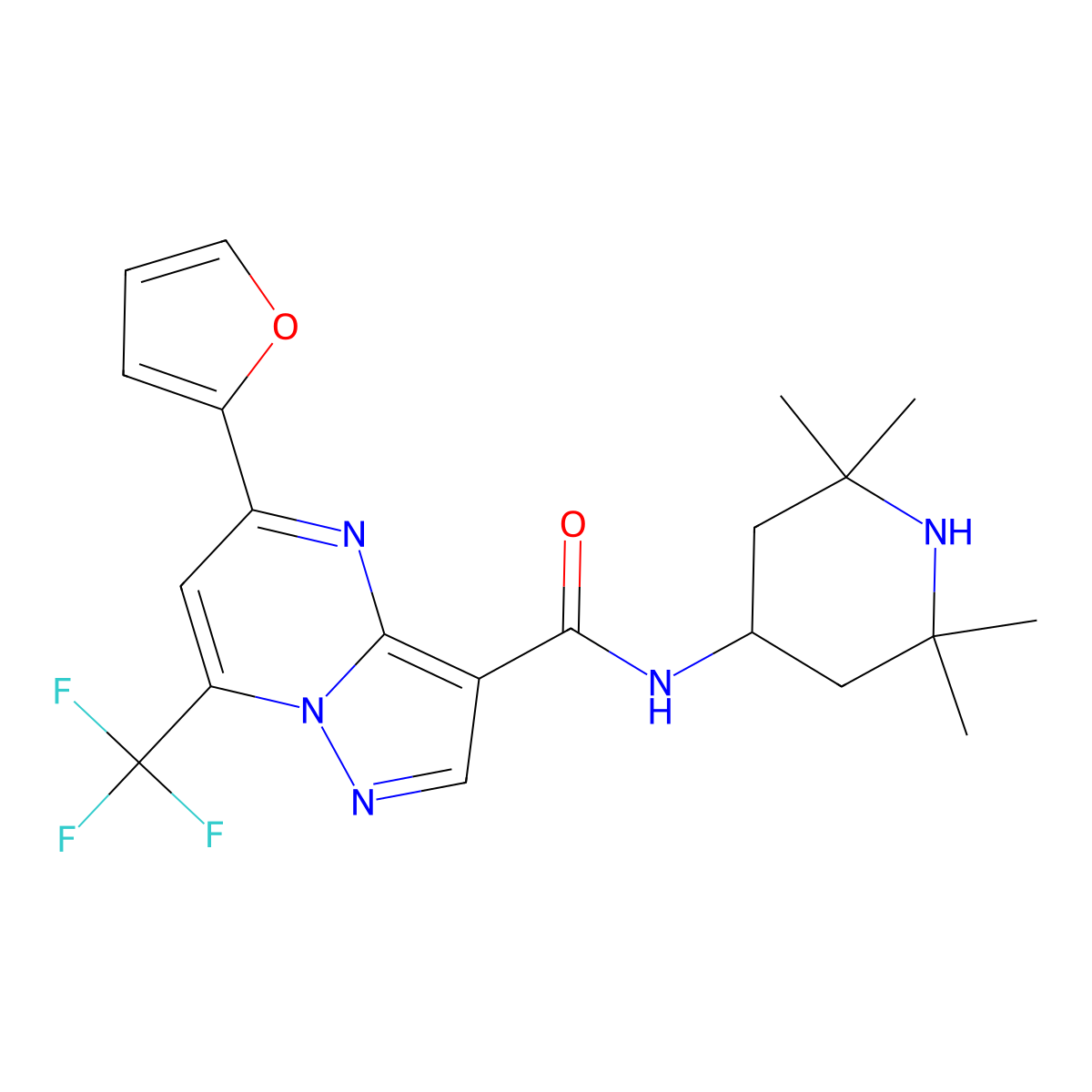 5-(furan-2-yl)-N-(2,2,6,6-tetramethylpiperidin-4-yl)-7-(trifluoromethyl)pyrazolo[1,5-a]pyrimidine-3-carboxamide molecular structure, CAS 677311-44-3