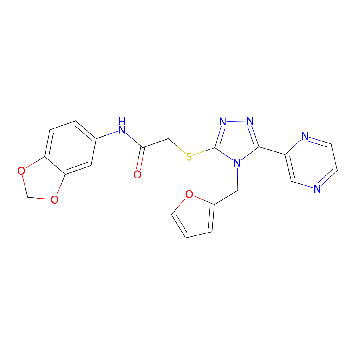 N-(1,3-benzodioxol-5-yl)-2-{[4-(furan-2-ylmethyl)-5-(pyrazin-2-yl)-4H-1,2,4-triazol-3-yl]sulfanyl}acetamide molecular structure, CAS 677311-58-9