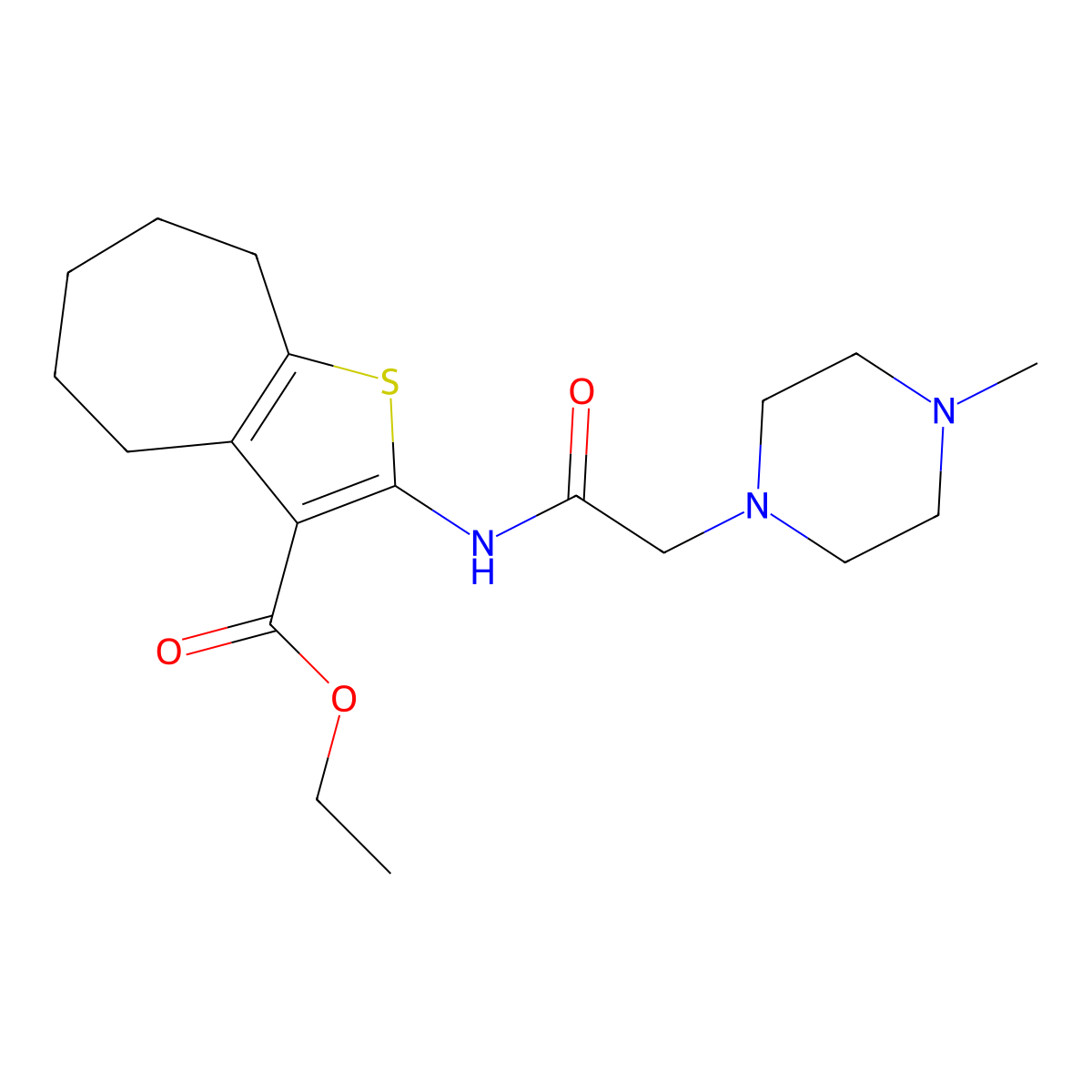 ethyl 2-{[(4-methylpiperazin-1-yl)acetyl]amino}-5,6,7,8-tetrahydro-4H-cyclohepta[b]thiophene-3-carboxylate molecular structure, CAS 677320-02-4