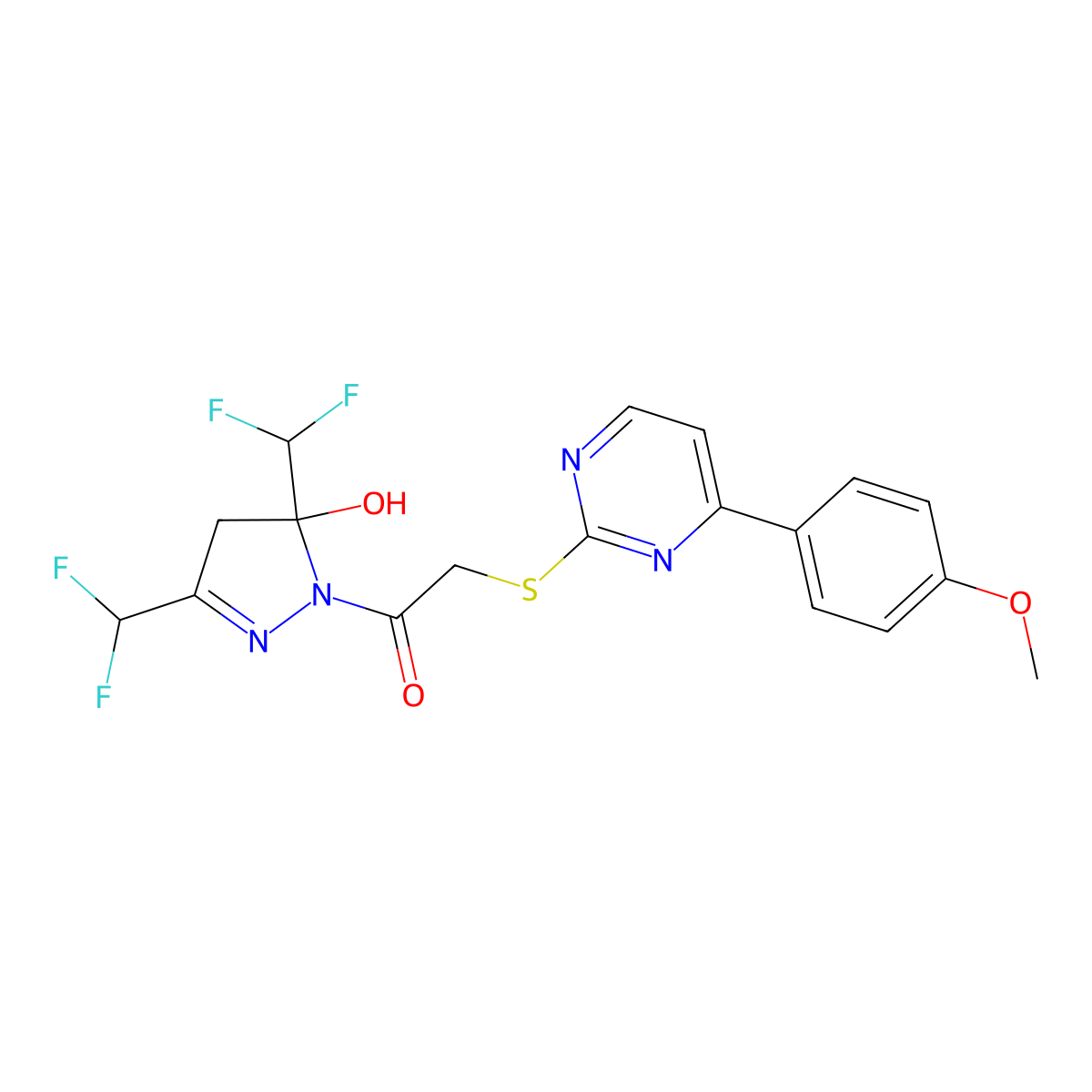 1-[3,5-bis(difluoromethyl)-5-hydroxy-4H-pyrazol-1-yl]-2-[4-(4-methoxyphenyl)pyrimidin-2-yl]sulfanylethanone molecular structure, CAS 677329-12-3