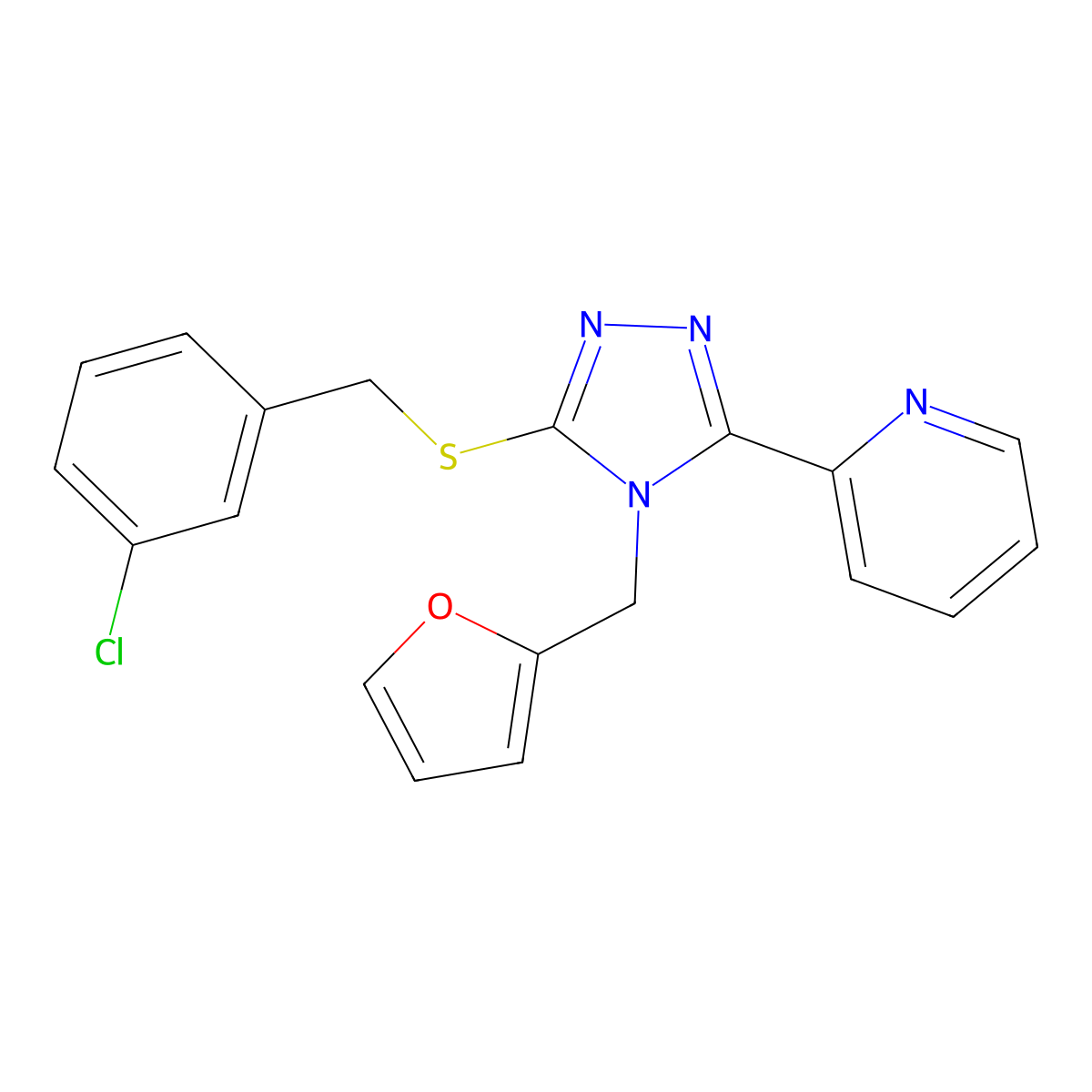 2-[5-[(3-Chlorophenyl)methylsulfanyl]-4-(furan-2-ylmethyl)-1,2,4-triazol-3-yl]pyridine molecular structure, CAS 677329-41-8