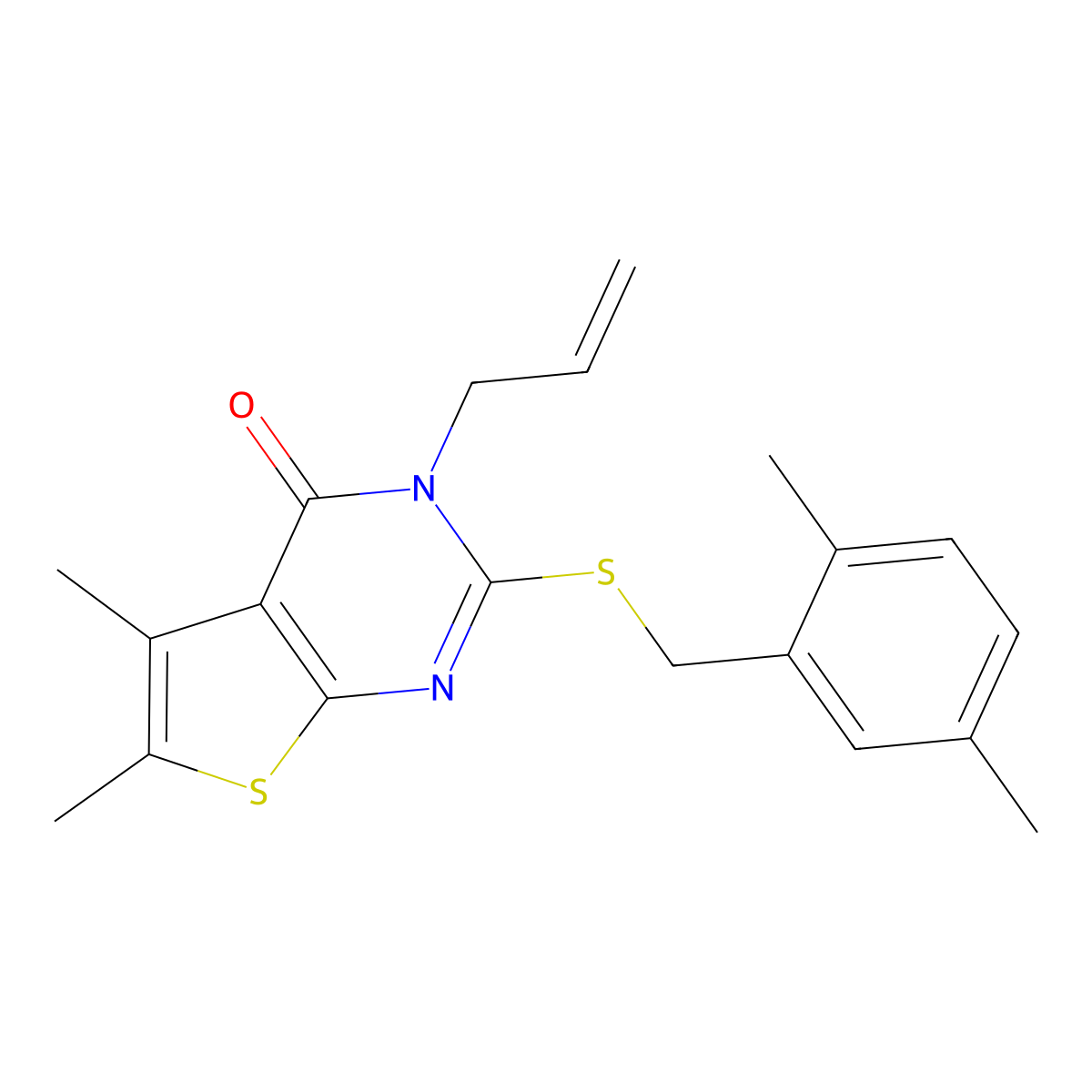 2-[(2,5-dimethylbenzyl)sulfanyl]-5,6-dimethyl-3-(prop-2-en-1-yl)thieno[2,3-d]pyrimidin-4(3H)-one molecular structure, CAS 677329-93-0