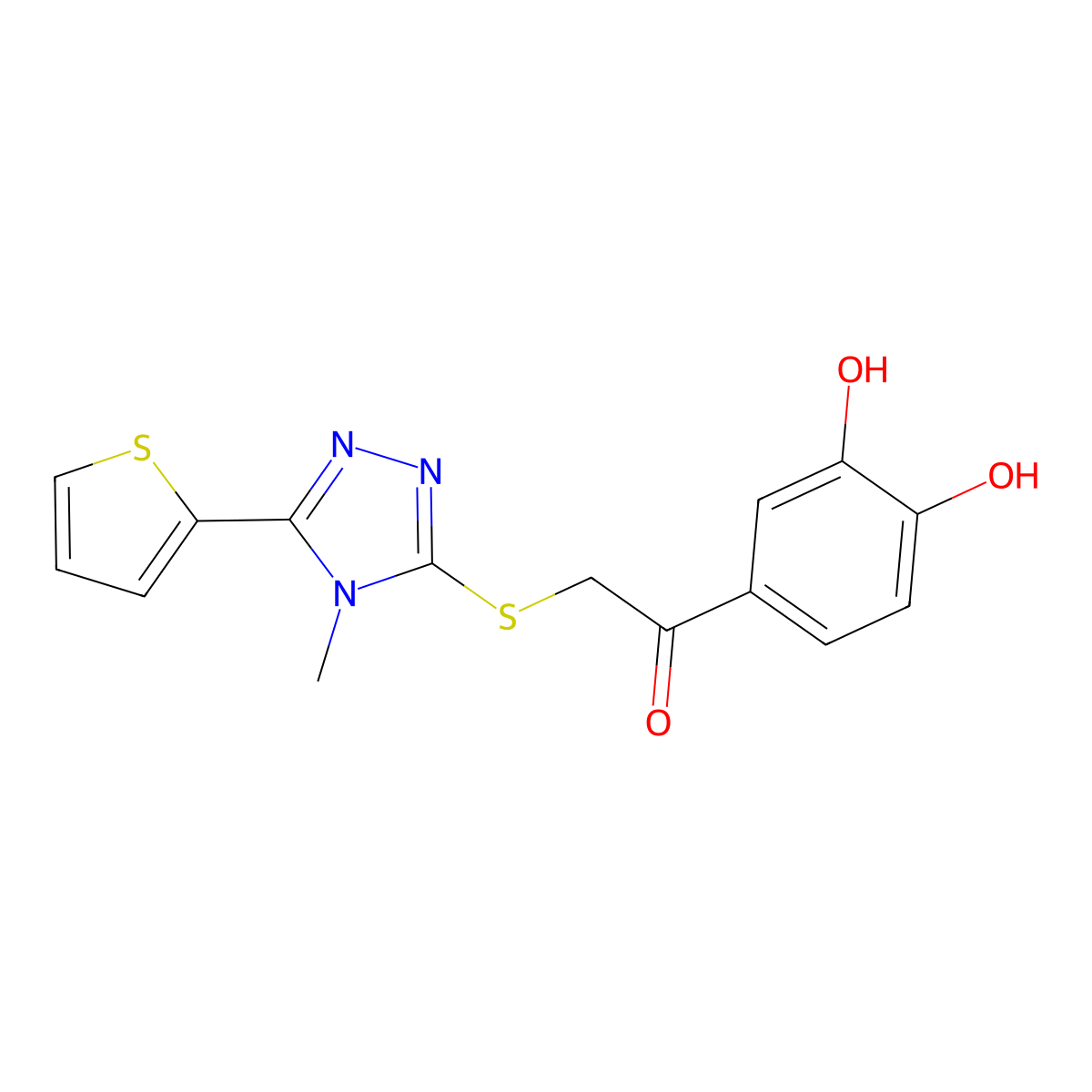 1-(3,4-Dihydroxyphenyl)-2-[(4-methyl-5-thiophen-2-yl-1,2,4-triazol-3-yl)sulfanyl]ethanone molecular structure, CAS 677330-92-6