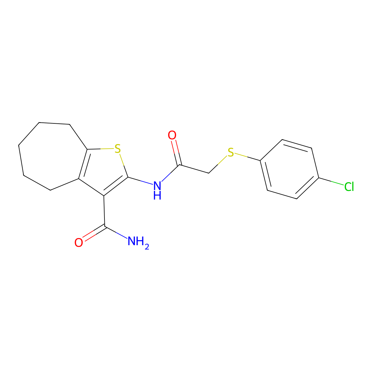2-(2-((4-chlorophenyl)thio)acetamido)-5,6,7,8-tetrahydro-4H-cyclohepta[b]thiophene-3-carboxamide molecular structure, CAS 677331-15-6