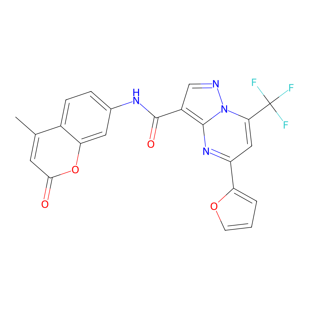 5-(furan-2-yl)-N-(4-methyl-2-oxo-2H-chromen-7-yl)-7-(trifluoromethyl)pyrazolo[1,5-a]pyrimidine-3-carboxamide molecular structure, CAS 677331-37-2