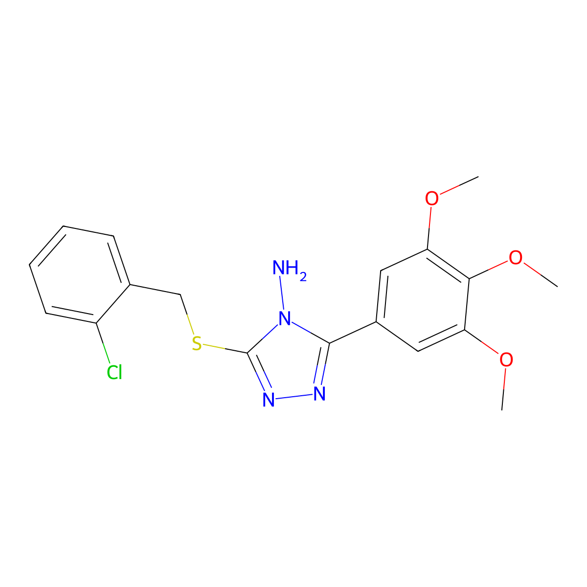3-[(2-chlorobenzyl)sulfanyl]-5-(3,4,5-trimethoxyphenyl)-4H-1,2,4-triazol-4-amine molecular structure, CAS 677331-42-9