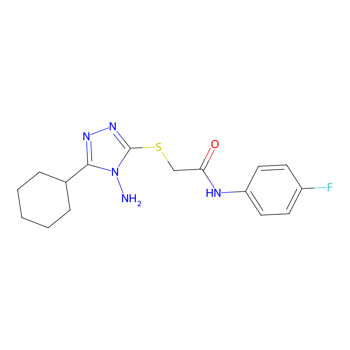 2-((4-amino-5-cyclohexyl-4H-1,2,4-triazol-3-yl)thio)-N-(4-fluorophenyl)acetamide molecular structure, CAS 677331-79-2