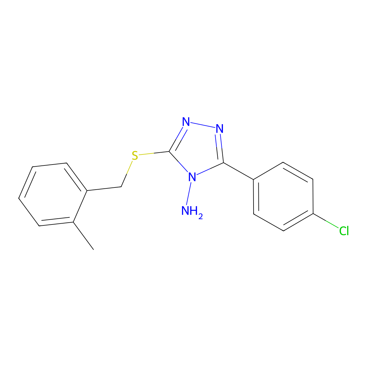5-(4-Chlorophenyl)-3-[(2-methylphenyl)methylthio]-1,2,4-triazole-4-ylamine molecular structure, CAS 677344-13-7