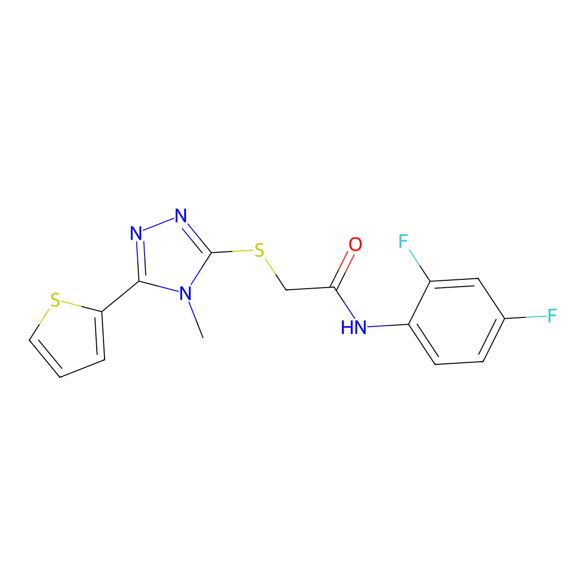 N-(2,4-difluorophenyl)-2-{[4-methyl-5-(thiophen-2-yl)-4H-1,2,4-triazol-3-yl]sulfanyl}acetamide molecular structure, CAS 677344-16-0