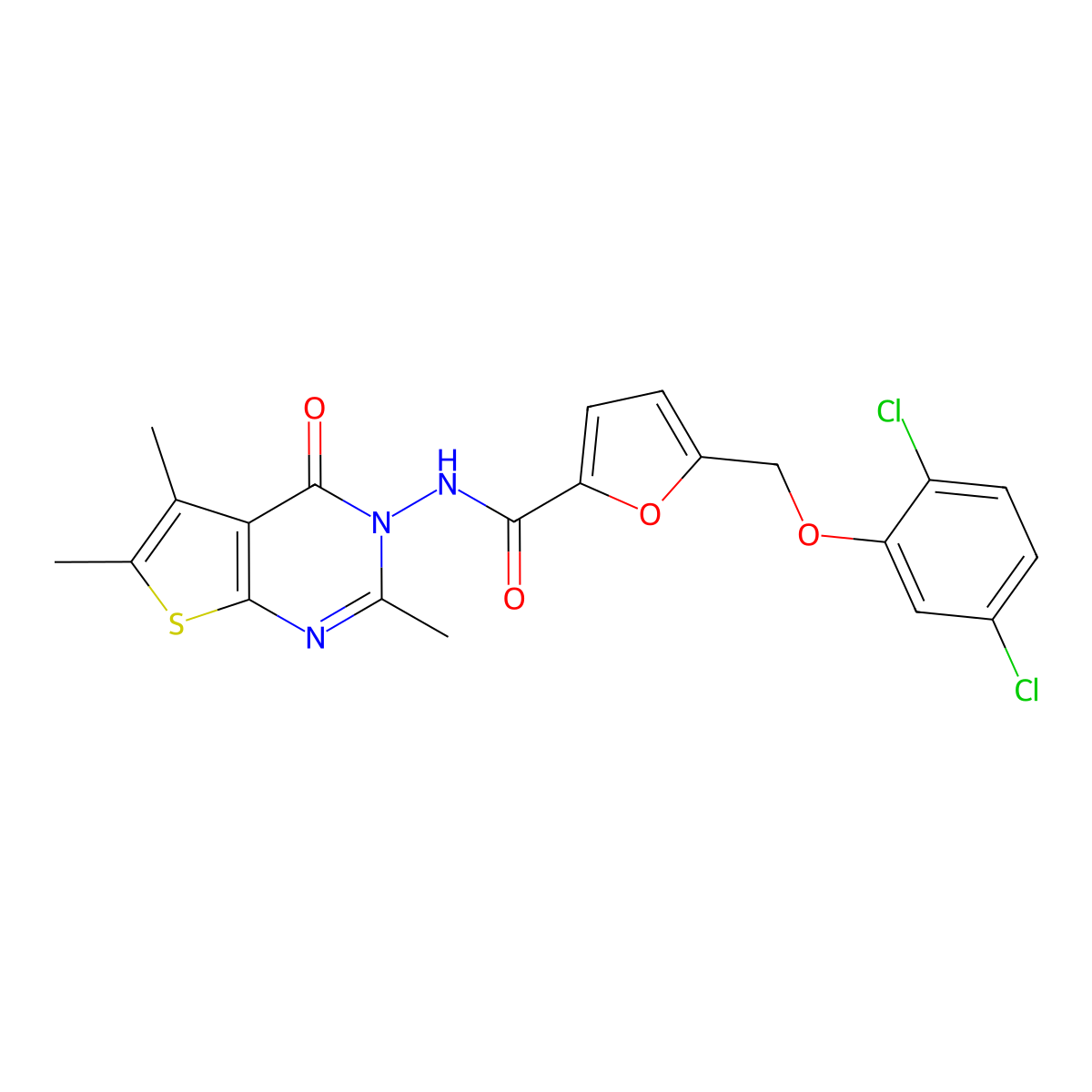 5-[(2,5-dichlorophenoxy)methyl]-N-(2,5,6-trimethyl-4-oxothieno[2,3-d]pyrimidin-3-yl)furan-2-carboxamide molecular structure, CAS 677344-53-5