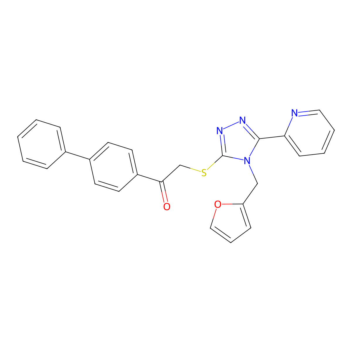 1-(biphenyl-4-yl)-2-{[4-(furan-2-ylmethyl)-5-(pyridin-2-yl)-4H-1,2,4-triazol-3-yl]sulfanyl}ethanone molecular structure, CAS 677345-18-5