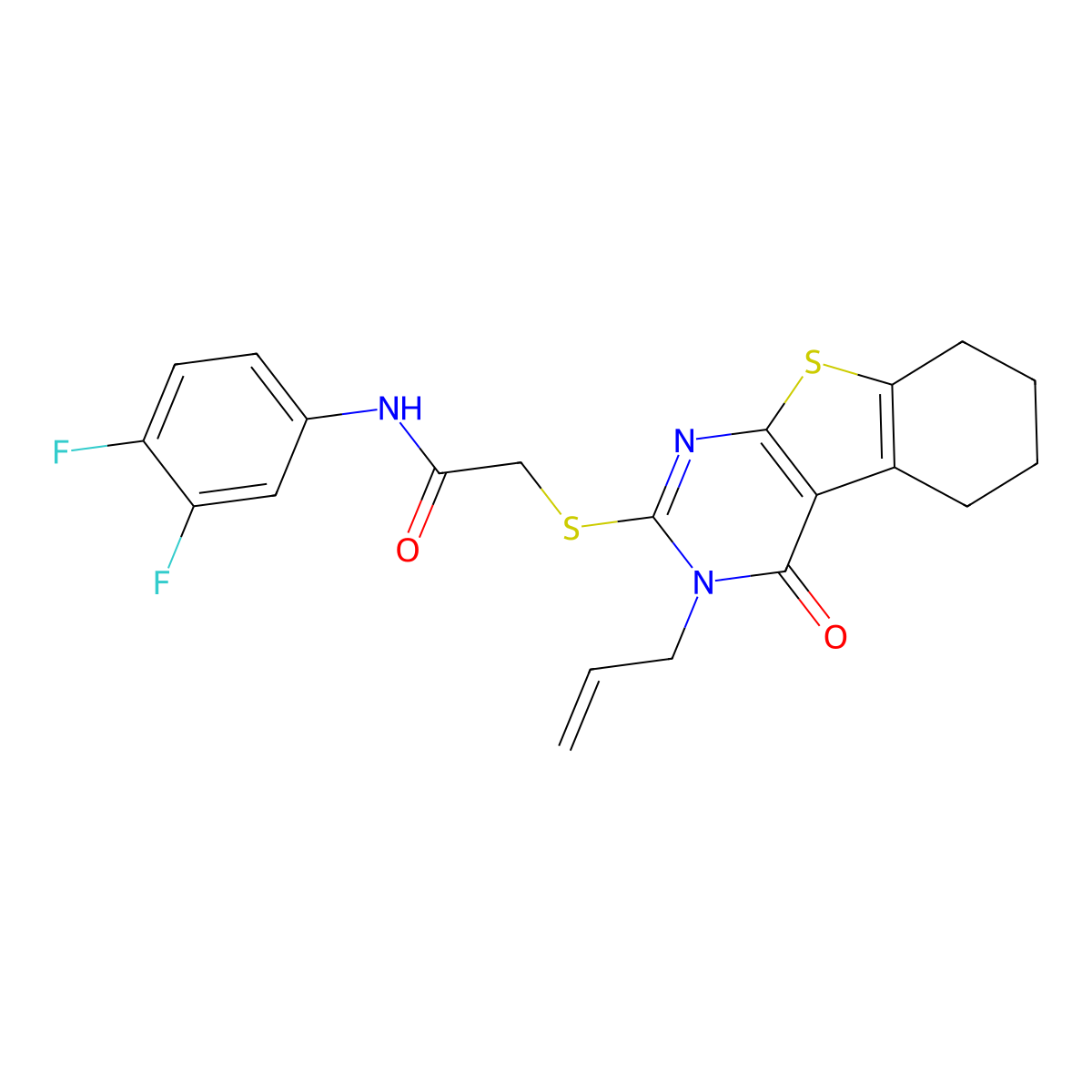 N-(3,4-difluorophenyl)-2-(4-oxo-3-prop-2-enyl(3,5,6,7,8-pentahydrobenzo[b]thio pheno[2,3-d]pyrimidin-2-ylthio))acetamide molecular structure, CAS 677345-34-5