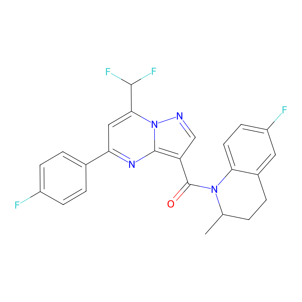 [7-(difluoromethyl)-5-(4-fluorophenyl)pyrazolo[1,5-a]pyrimidin-3-yl]-(6-fluoro-2-methyl-3,4-dihydro-2H-quinolin-1-yl)methanone molecular structure, CAS 677345-71-0