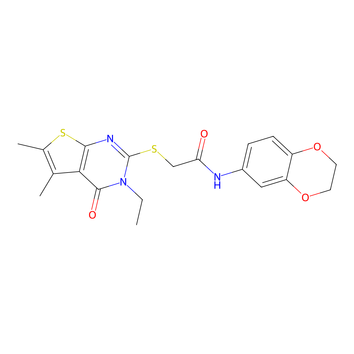 N-(2,3-dihydro-1,4-benzodioxin-6-yl)-2-[(3-ethyl-5,6-dimethyl-4-oxo-3,4-dihydrothieno[2,3-d]pyrimidin-2-yl)sulfanyl]acetamide molecular structure, CAS 677346-14-4