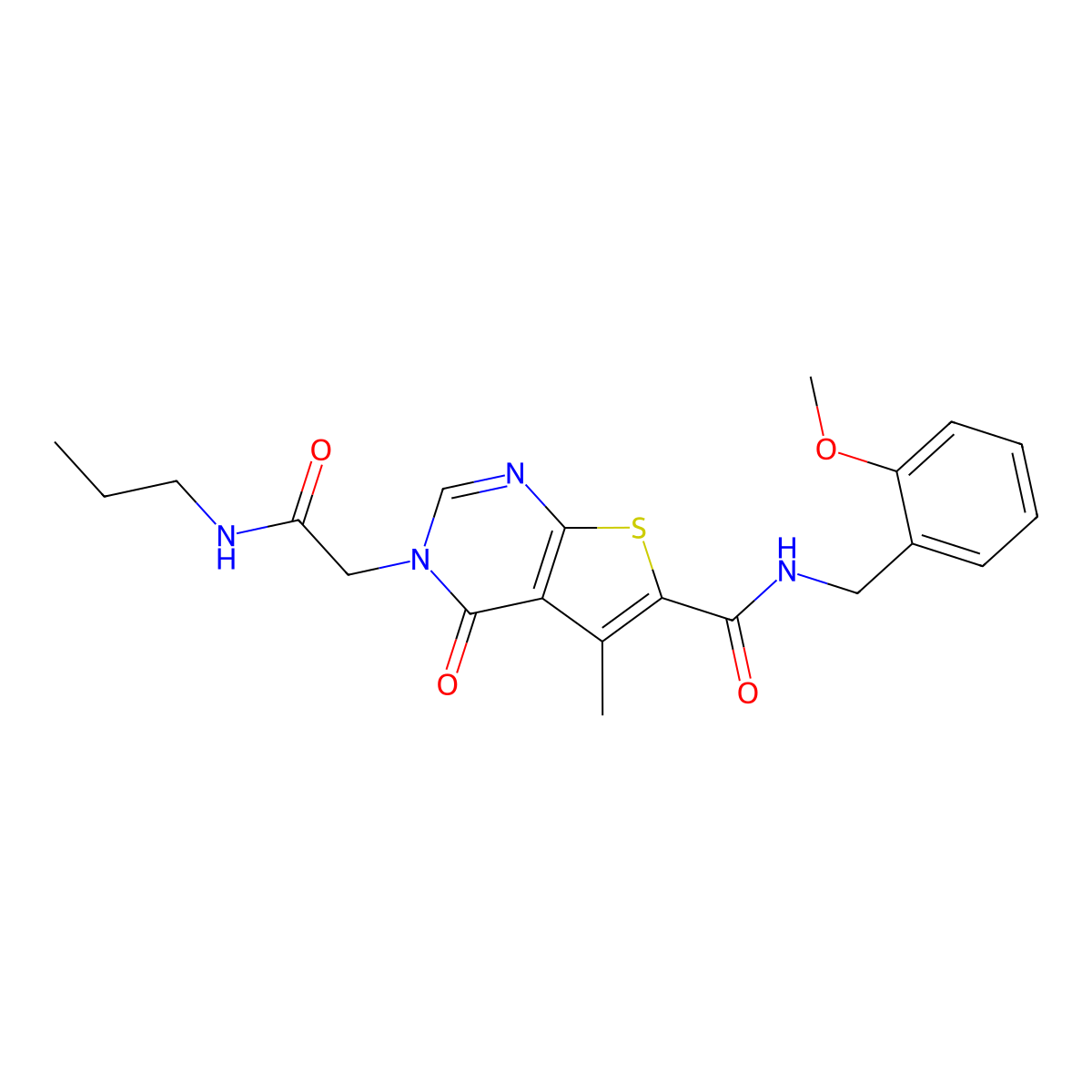 N-[(2-methoxyphenyl)methyl]-5-methyl-4-oxo-3-[2-oxo-2-(propylamino)ethyl]thieno[2,3-d]pyrimidine-6-carboxamide molecular structure, CAS 6776-75-6
