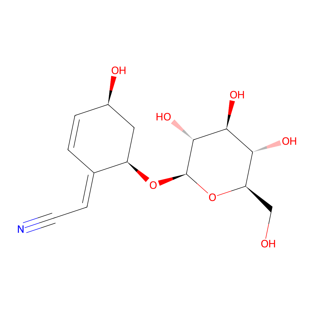 (2E)-2-[(4S,6R)-4-hydroxy-6-[(2R,3R,4S,5S,6R)-3,4,5-trihydroxy-6-(hydroxymethyl)oxan-2-yl]oxycyclohex-2-en-1-ylidene]acetonitrile molecular structure, CAS 67765-58-6