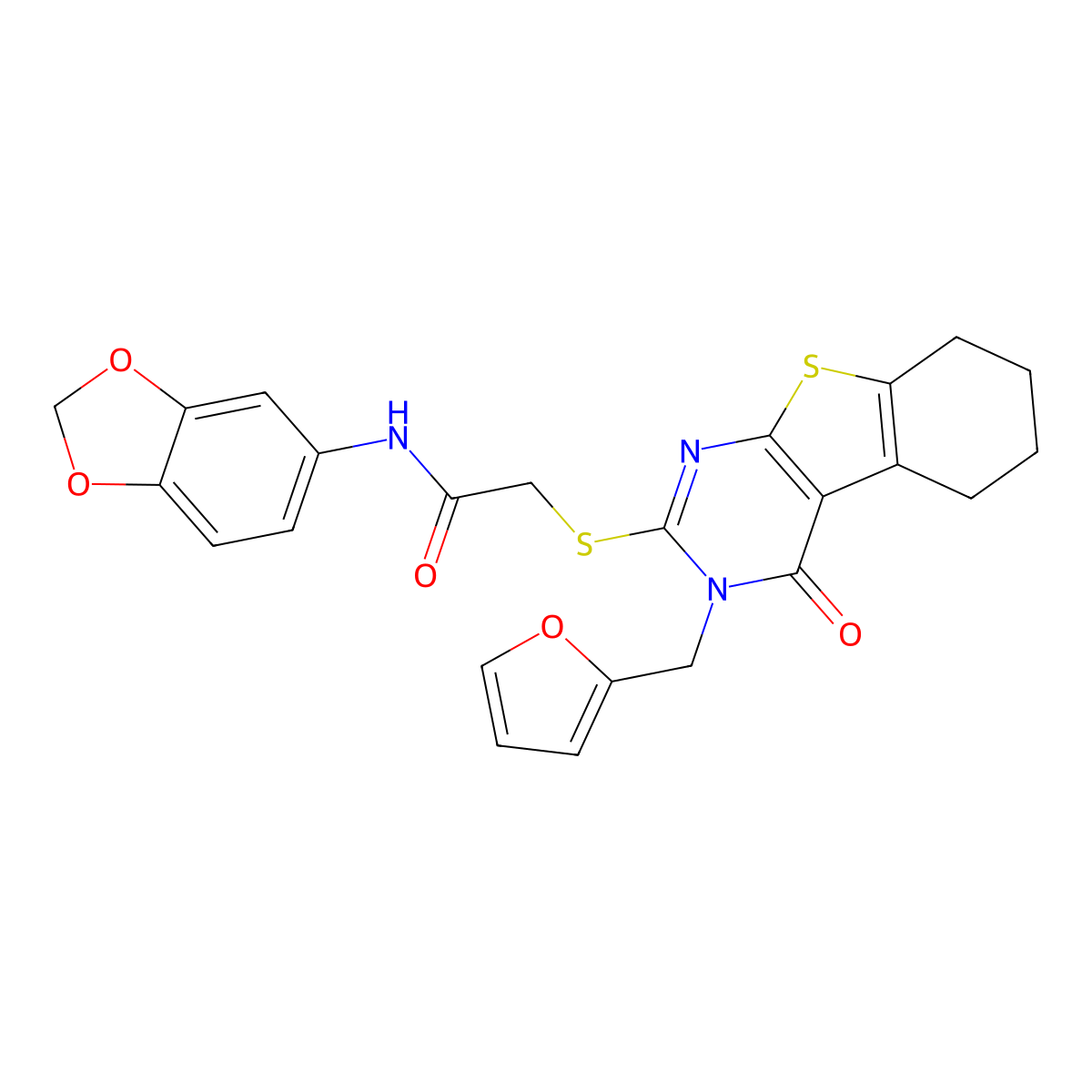 N-(1,3-benzodioxol-5-yl)-2-{[3-(furan-2-ylmethyl)-4-oxo-3,4,5,6,7,8-hexahydro[1]benzothieno[2,3-d]pyrimidin-2-yl]sulfanyl}acetamide molecular structure, CAS 677719-92-5