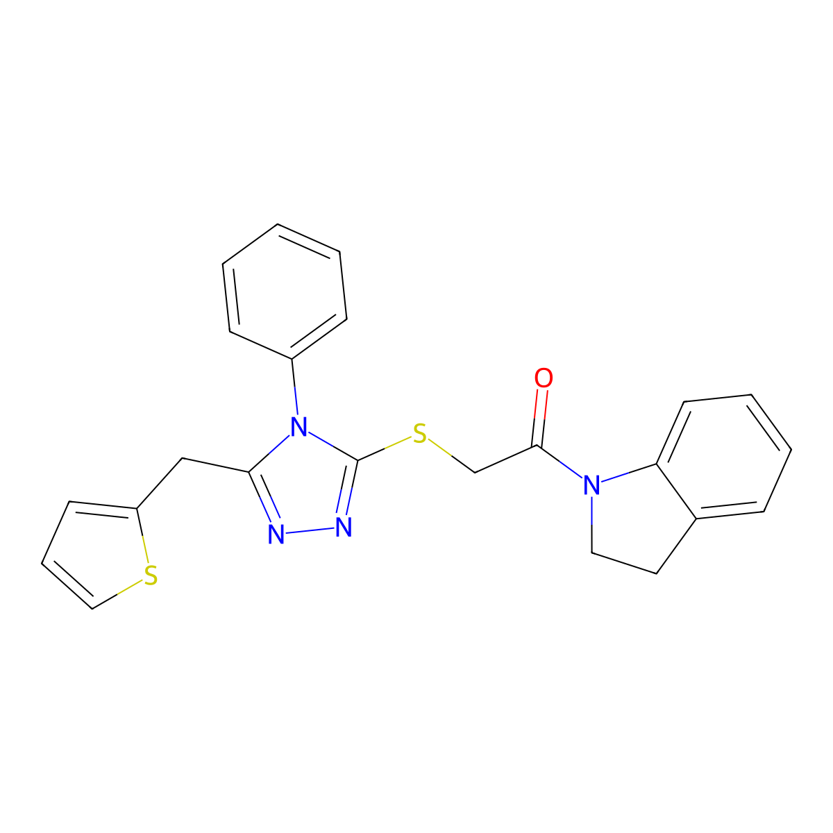 2-(2,3-dihydro-1H-indol-1-yl)-2-oxoethyl4-phenyl-5-(2-thienylmethyl)-4H-1,2,4-triazol-3-ylsulfide molecular structure, CAS 677719-96-9