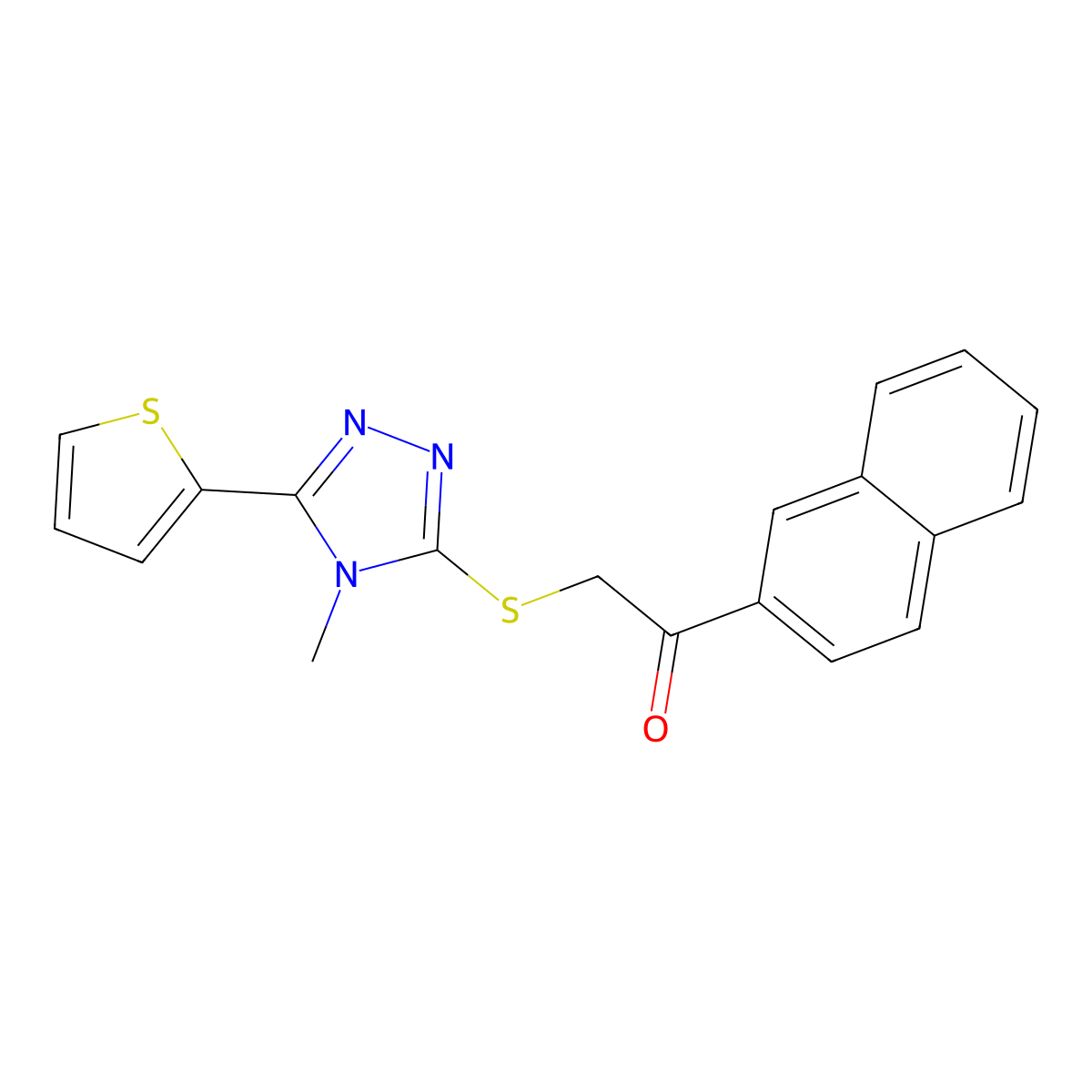 2-{[4-methyl-5-(thiophen-2-yl)-4H-1,2,4-triazol-3-yl]sulfanyl}-1-(naphthalen-2-yl)ethanone molecular structure, CAS 677720-76-2