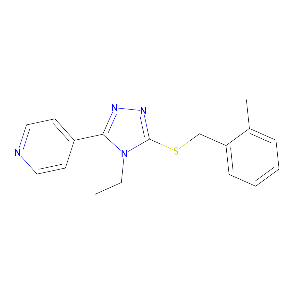 4-(4-Ethyl-5-((2-methylbenzyl)thio)-4H-1,2,4-triazol-3-YL)pyridine molecular structure, CAS 677721-22-1