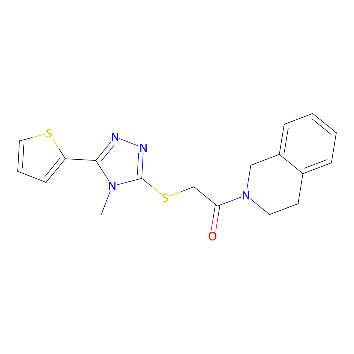 2-({[4-methyl-5-(2-thienyl)-4H-1,2,4-triazol-3-yl]thio}acetyl)-1,2,3,4-tetrahydroisoquinoline molecular structure, CAS 677721-77-6