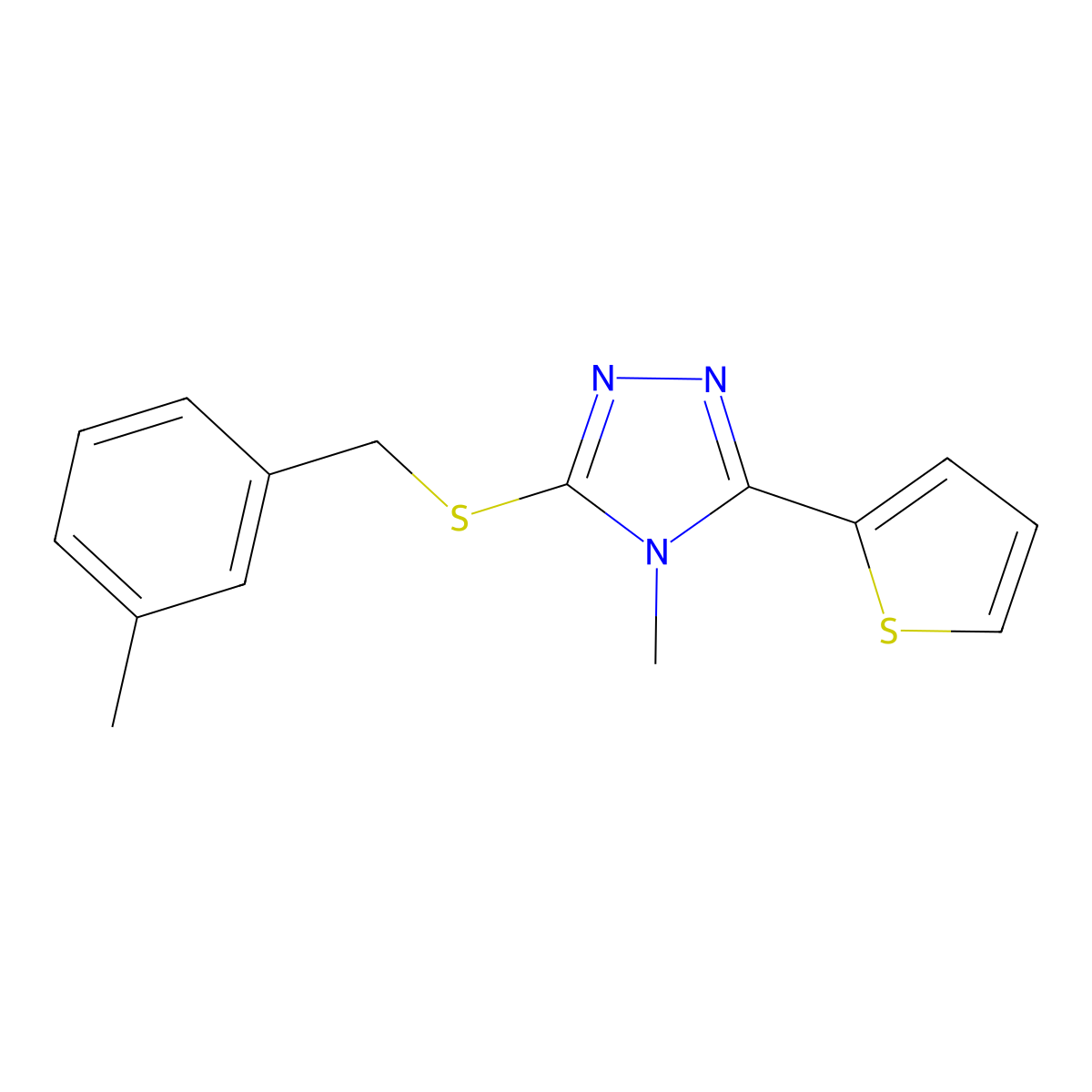 4-methyl-3-[(3-methylbenzyl)sulfanyl]-5-(thiophen-2-yl)-4H-1,2,4-triazole molecular structure, CAS 677730-11-9